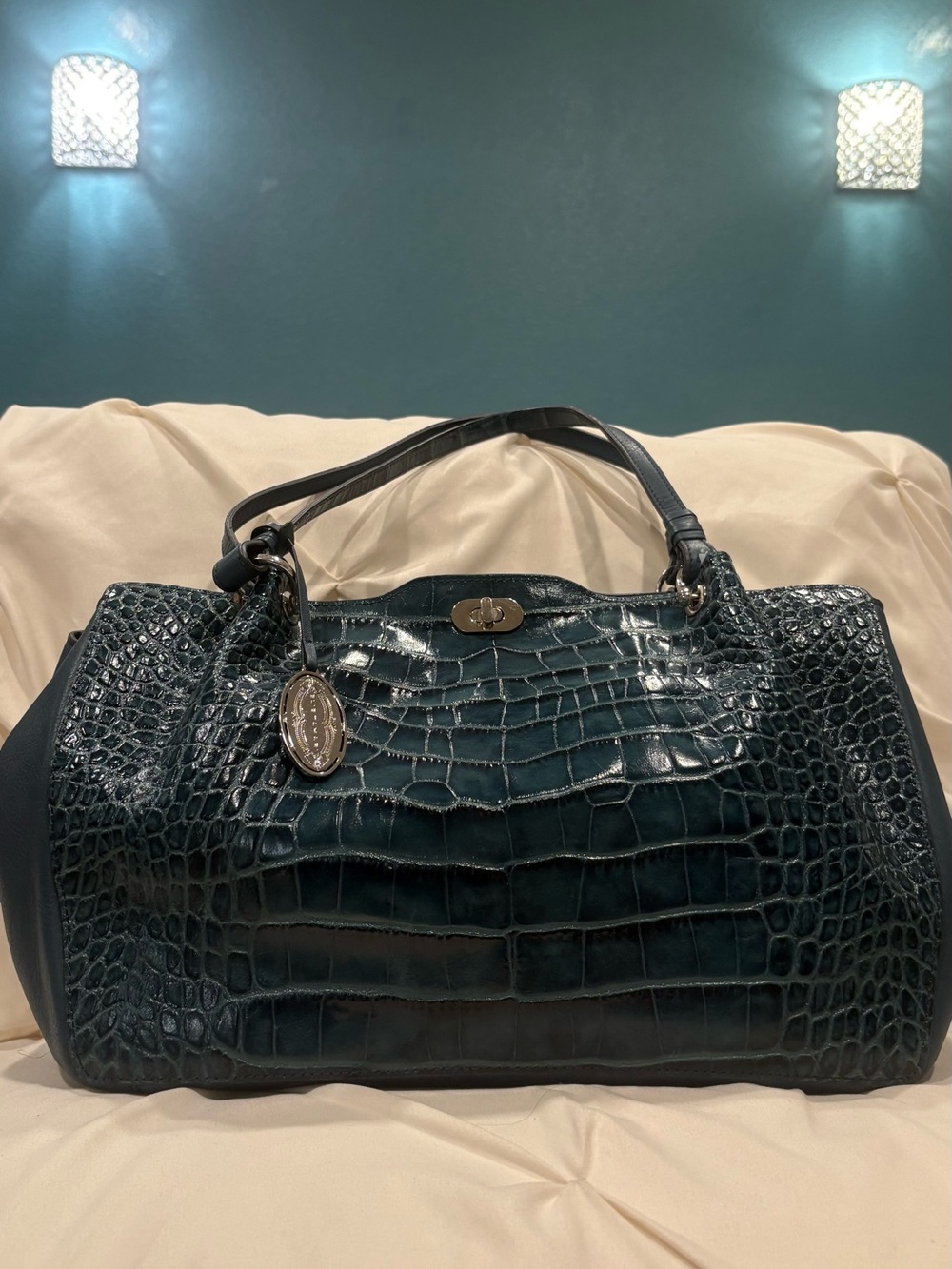 Elie Tahari Croc-Embossed Dark Teal Large Satchel